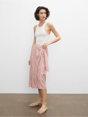 Club Monaco Washed Red White Striped Linen Blend Wrap Midi Skirt Size 00